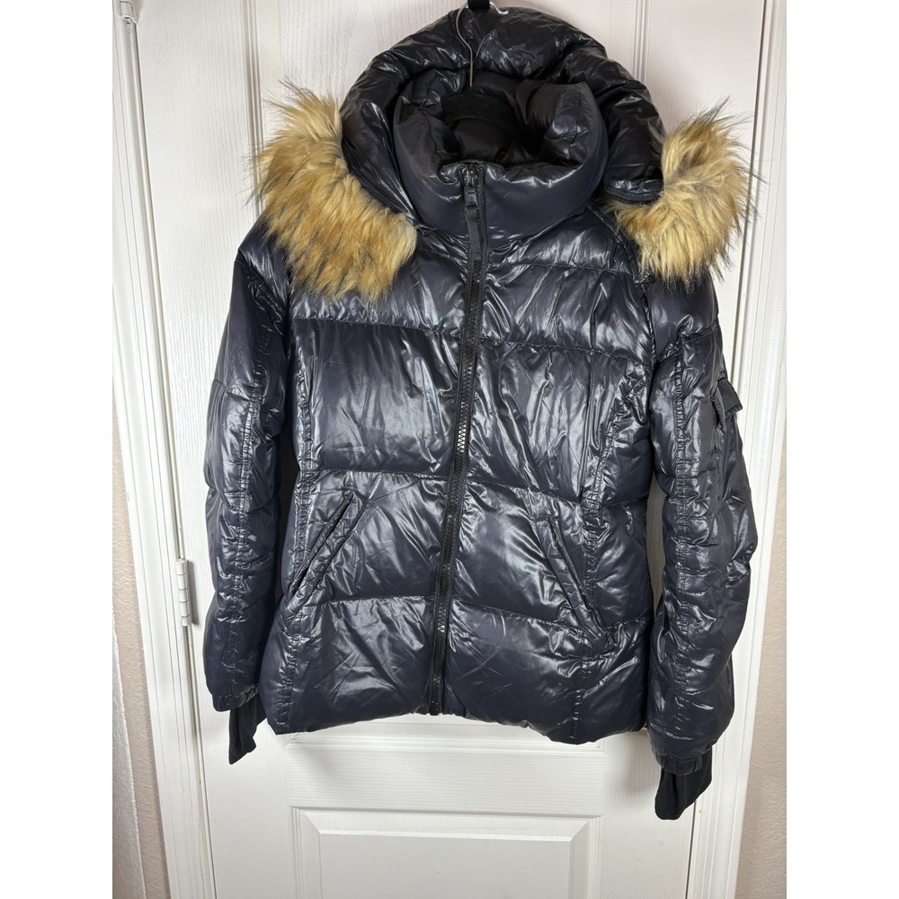 S13 New York Woman's Puffer Down Jacket Small w/Hood Fur Trim Zip Front Pockets